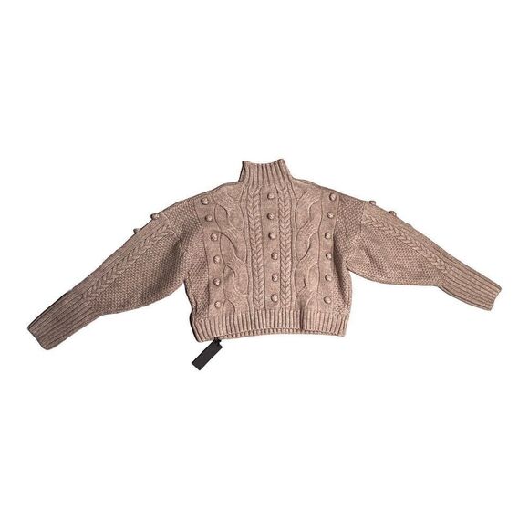 Blank NYC Sweater WMNS XS Beige Crop Cable Knit Mock Neck Pom Pom Holiday 3D - Picture 11 of 13